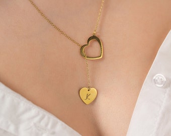 Lariat Y necklace dainty hearts charms