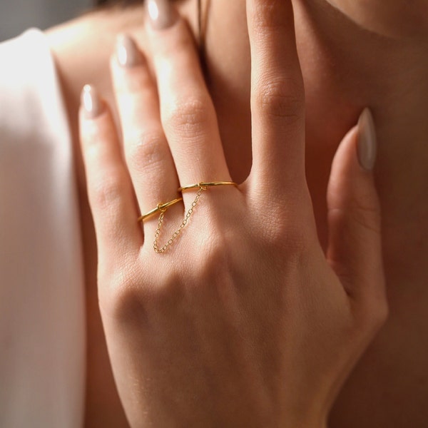 Double Finger Chain Ring  | 18k Gold Plated Dainty Band Rings | Minimalist Jewelry | Gift for Her