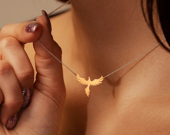 Dainty Rising Phoenix Pendant Necklace Gold Filled 18K with Sterling Silver 925 Rhodium Plated | Fantasy Gold Bird Charm | Gift for Her