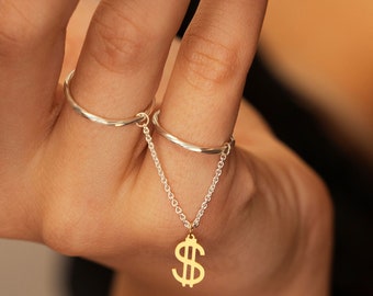 Dainty Diamond-Cut Stacking Rings With Chain and Dollar Charm