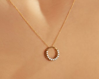 Sterling Silver CZ Circle Pendant Necklace - 18k Gold Plated