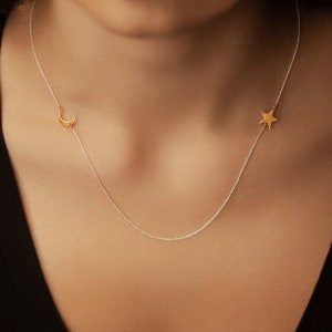 925 Sterling Silver 18K Gold Plated Sideway Crescent Moon Necklace with Star | Mothers Necklace | Grandma Gift | Unique Gift for Her