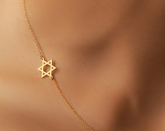 Halskette mit seitlichem Davidstern-Anhänger aus 925er Sterlingsilber mit 18 Karat Goldfüllung | Israel Halskette | Jüdisches Geschenk | Geschenk für Sie