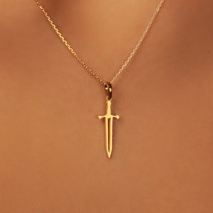 Sterling Silver Knight Sword Necklace: 18K Gold Plated Charm, Dainty Chain