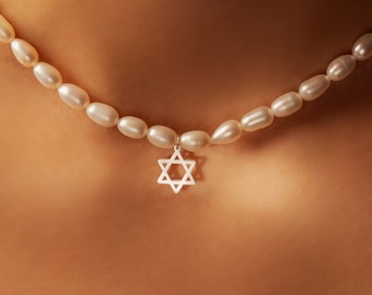 Ivory Pearl Choker: Sterling Silver Star of David Pendant
