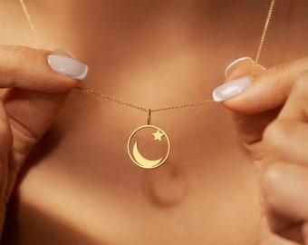 Designed 18K Gold Filled Moon and Star Necklace with 925 Sterling Silver Chain | Dainty Moon Jewelry | Gift for Her