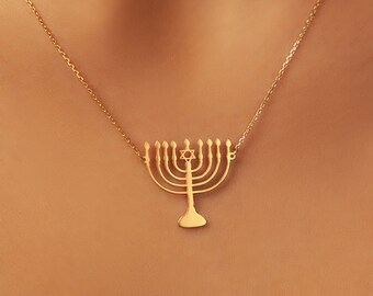 18K Gold Hanukkah Menorah Necklace: Sterling Silver Jewish Charm