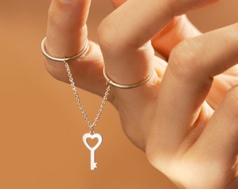 925 Sterling Silver 18K Gold Plated | Dainty Double Round Finger Chain Ring and Heart Key Charm | Minimalist Jewelry | Gift for Her