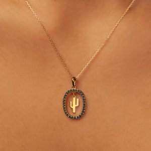 18K Gold Cactus Necklace: Black CZ Sterling Silver Pendant
