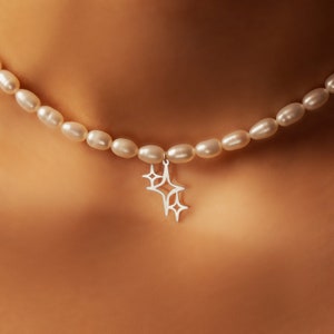 Freshwater Pearl Choker: Sterling Silver Star Pendant Necklace