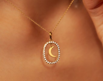 Gold Plated Crescent Necklace: CZ Sterling Silver Moon Pendant