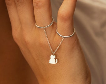 925 Sterling Silver 18K Gold Plated | Dainty Double Round Finger Chain Ring and Kitty Charm | Minimalist Jewelry | Gift for Her