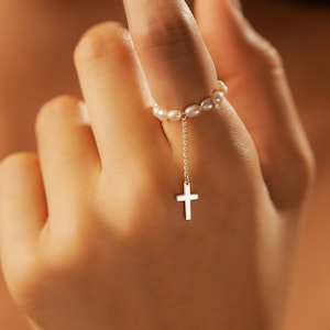 Süßwasser Perle Kreuz Ring: 18k vergoldete Sterling Silber Perlenschmuck