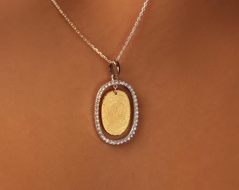 Personalized Fingerprint Necklace: 18K Gold Plated Sterling Silver, CZ Stones