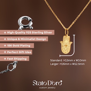 May include: A gold hamsa hand pendant necklace with intricate details. The necklace is made of 925 sterling silver with 18K gold plating. The pendant measures 13mm x 10mm or 16mm x 12.5mm.