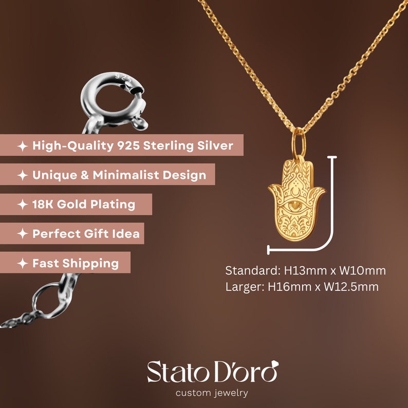 May include: A gold hamsa hand pendant necklace with intricate details. The necklace is made of 925 sterling silver with 18K gold plating. The pendant measures 13mm x 10mm or 16mm x 12.5mm.