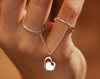 925 Sterling Silver 18K Gold Plated | Dainty Double Round Finger Chain Ring and Two Hearts Love Charm | Minimalist Jewelry | Gift for Her