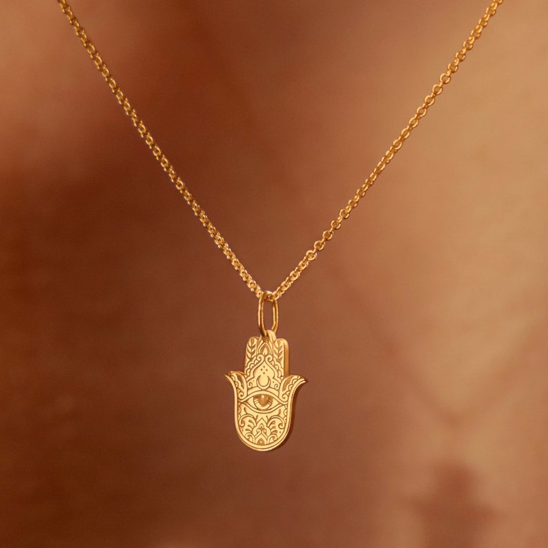 Which Spiritual Jewelry Collections do you want? 3 Mini Hamsa Pendant Necklace 18k Gold Filled Charm Hand of God Jewelry Evil Eye Necklace Gift for Her image 1
