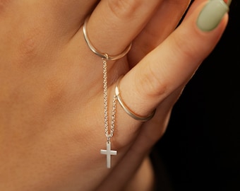 925 Sterling Silver 18K Gold Plated | Dainty Double Round Finger Chain Ring and Cross Charm | Minimalist Jewelry | Gift for Her