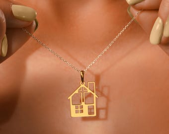 Colar com pingente de cruz e casa banhado a ouro: pingente de família em prata de lei