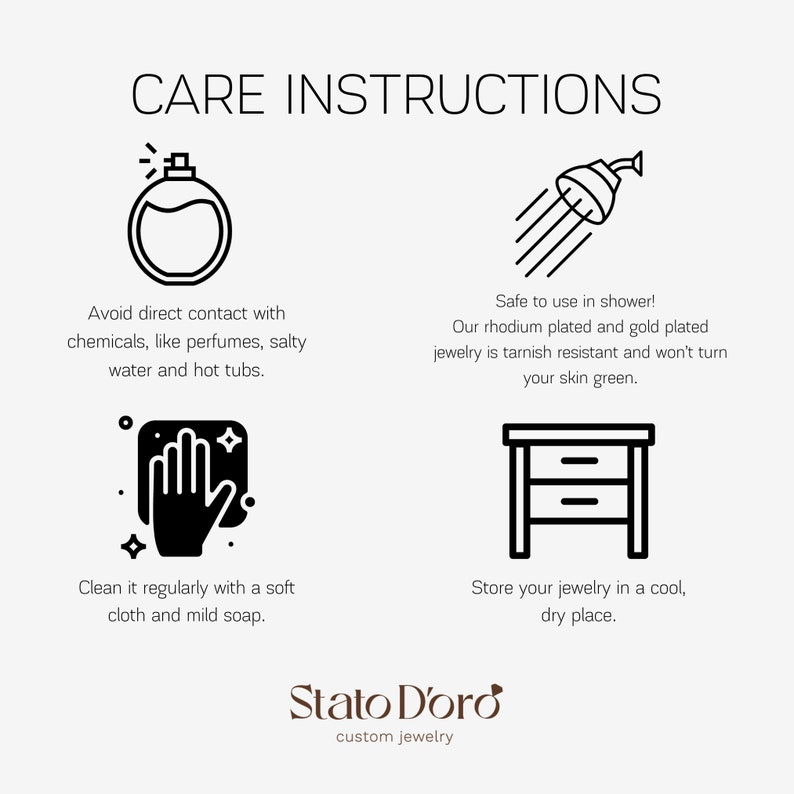 May include: Black and white illustration of care instructions for jewelry. The instructions include avoiding contact with chemicals, cleaning with a soft cloth, and storing in a cool, dry place. The text also mentions that the jewelry is rhodium and gold plated and tarnish resistant.