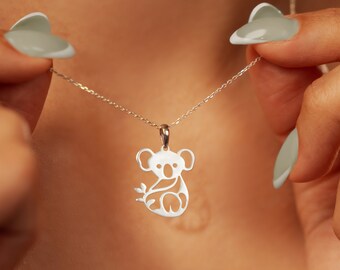 BAMOER Solid 925 Sterling Silver Koala Necklace – Enamel & CZ, 17.7" Chain