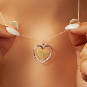 Personalized 18K Gold Heart Fingerprint Necklace: Sterling Silver CZ Stone Jewelry
