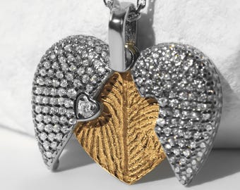 Colar personalizado com pingente de coração de diamante com impressão digital dupla e zircônias cúbicas - Presente ideal para casais