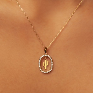 18K Gold Cactus Necklace: CZ Sterling Silver Pendant, Mexican Jewelry