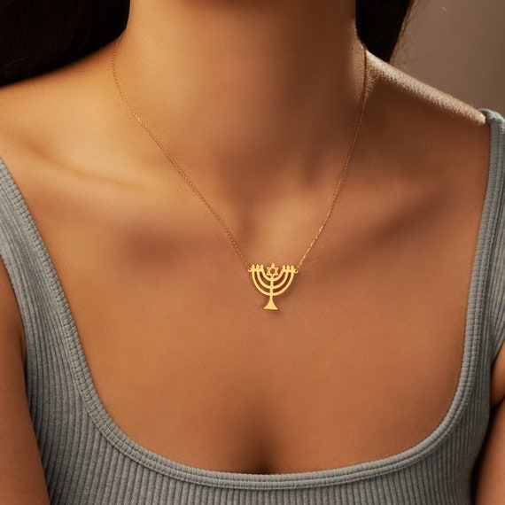 18K Gold Plated 7 Candles Menorah Necklace 925 Sterling