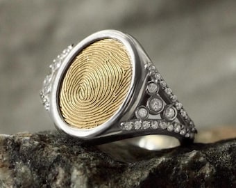 Personalized Fingerprint Ring in Sterling Silver with CZ Stones – Statement Heirloom Ring