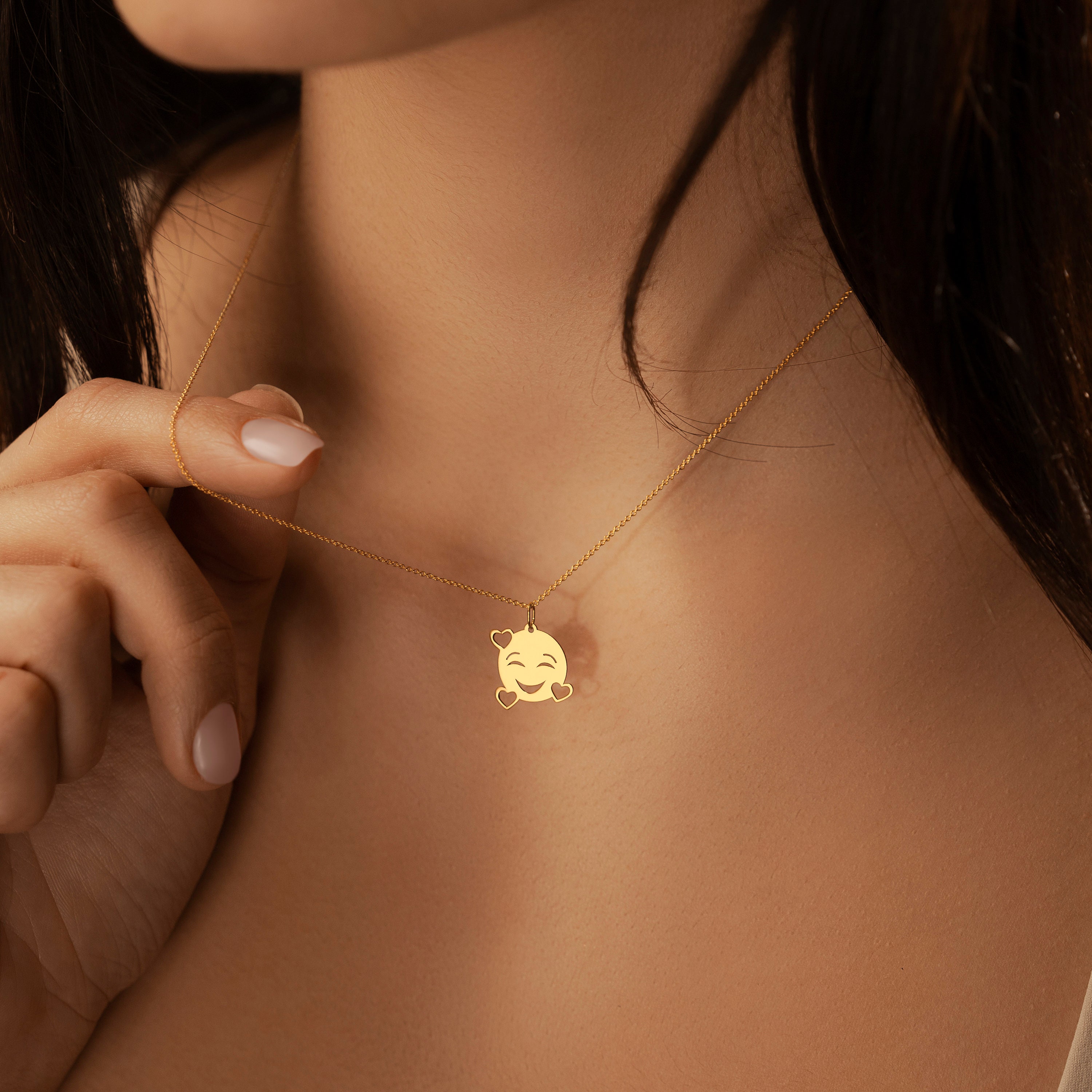 Sterling Silver Smiley Face Necklace: Dainty Heart Charm Pendant