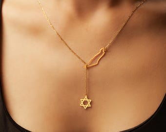 Sterling Silver Israel Map Necklace with Star of David Charm