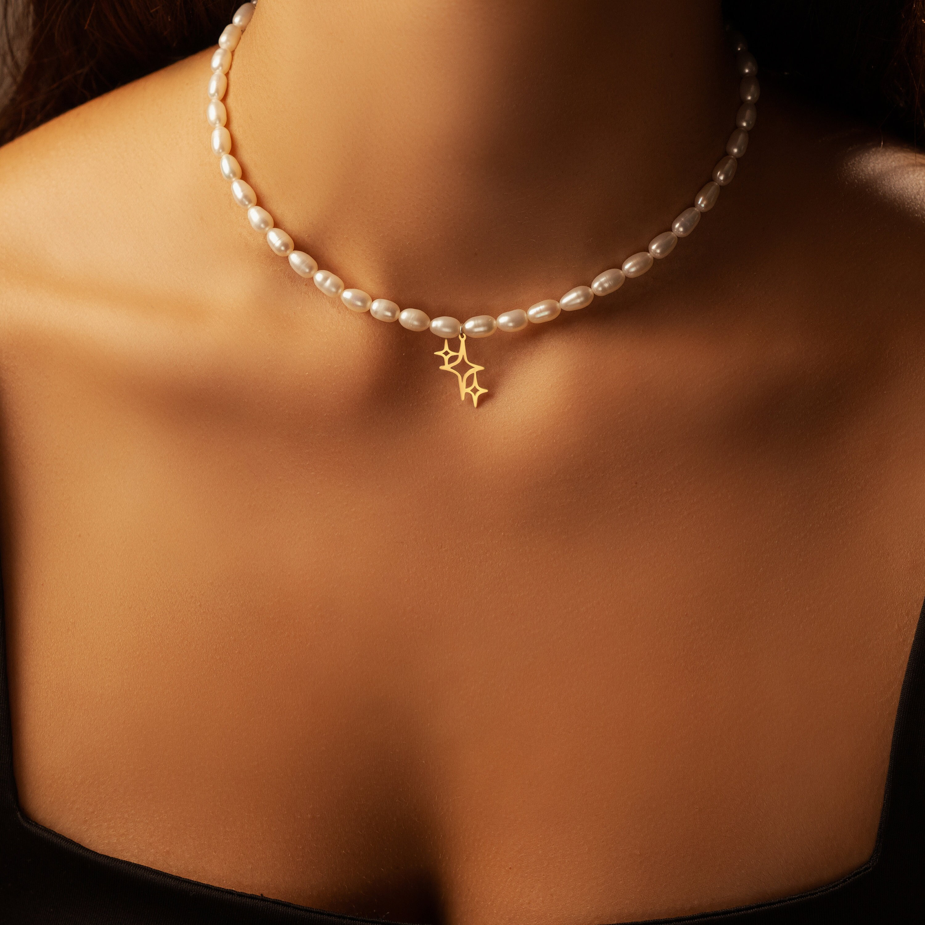 Freshwater Pearl Choker: Sterling Silver Stars Pendant, 15 Inch