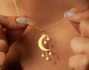 18K Gold Filled Moon with Stars Necklace with 925 Sterling Silver Chain | Dainty Moon Jewelry | Gift for Her