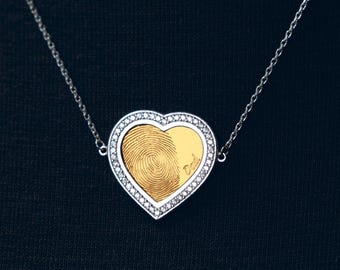 Colar de prata de lei com pingente de coração personalizado com impressão digital: Joias comemorativas com zircônias.
