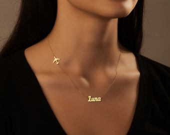 Personalized 925 Sterling Silver 18K Gold Filled Sideway Plane Pendant Necklace with Your Name | Everyday Jewelry | Mother's Day Gift