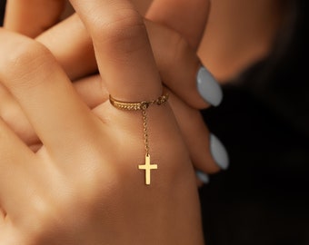 925 Sterling Silver Cross Adjustable Multi-Stone Ring | 18k Gold Filled Dainty Band Rings | Minimalist Everyday Jewelry | Gift for Her