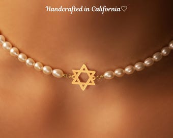Ivory Pearl Choker: Sterling Silver Star of David Pendant