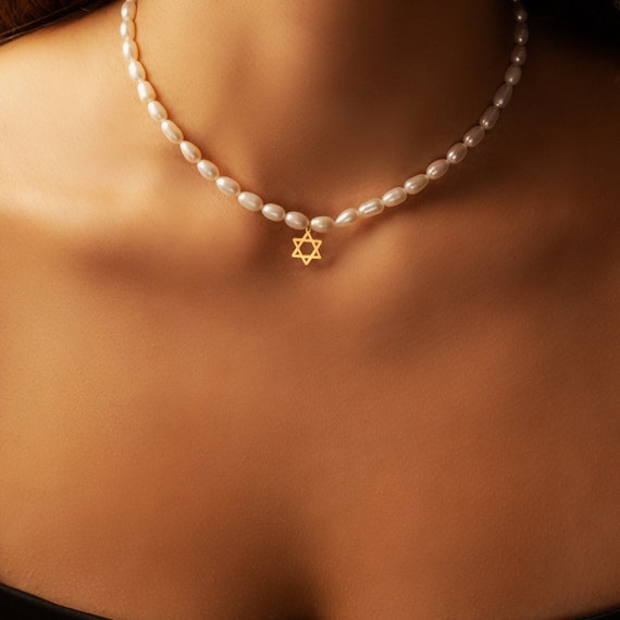 Ivory Pearl Choker: Sterling Silver Star of David Pendant