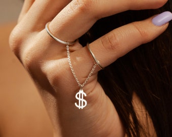 925 Sterling Silver 18K Gold Plated | Dainty Double Round Finger Chain Ring and Dollar Money Sign Charm | Minimalist Jewelry | Gift for Her