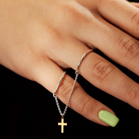 Bague chaine double doigt avec pendentif croix en or Bagues delicates en argent sterling 925 Bijoux minimalistes Cadeau pour elle Etsy France