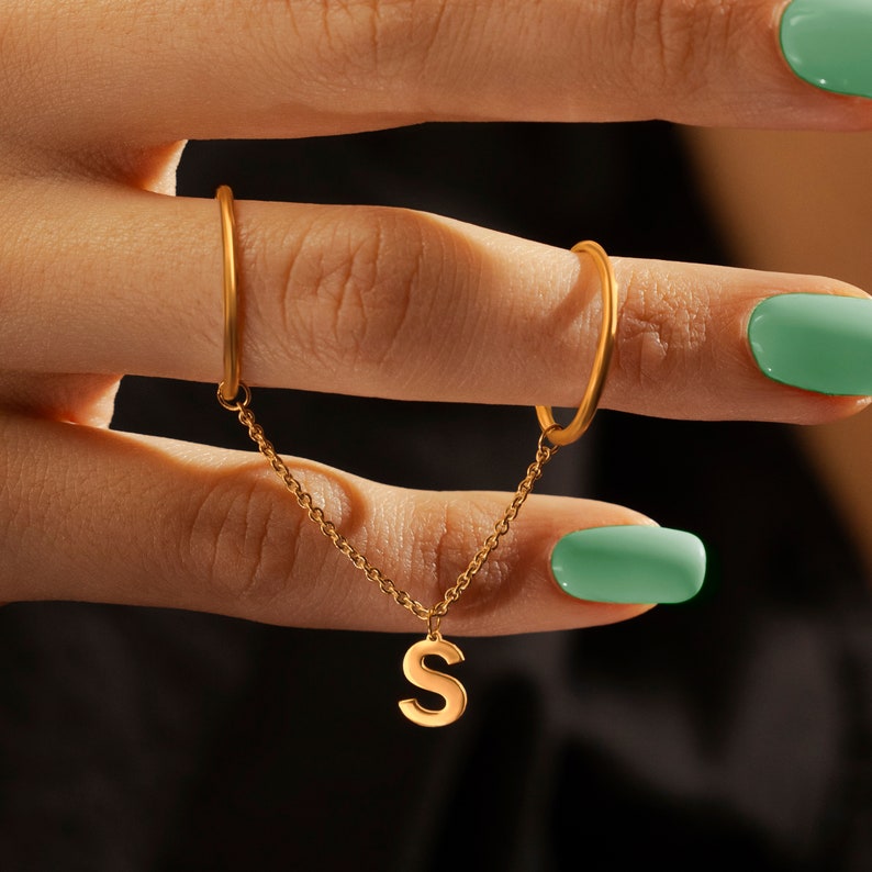 925 Sterling Silver 18K Gold Plated Dainty Double Round Finger Chain Ring and with Your Letter Charm Minimalist Jewelry Gift for Her image 4
