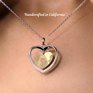 Personalized Fingerprint Heart Necklace: 18K Gold Plated Sterling Silver CZ