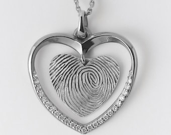 Collar de corazón con huella dactilar personalizado: joyería con huella dactilar real en plata de ley, regalo de recuerdo.
