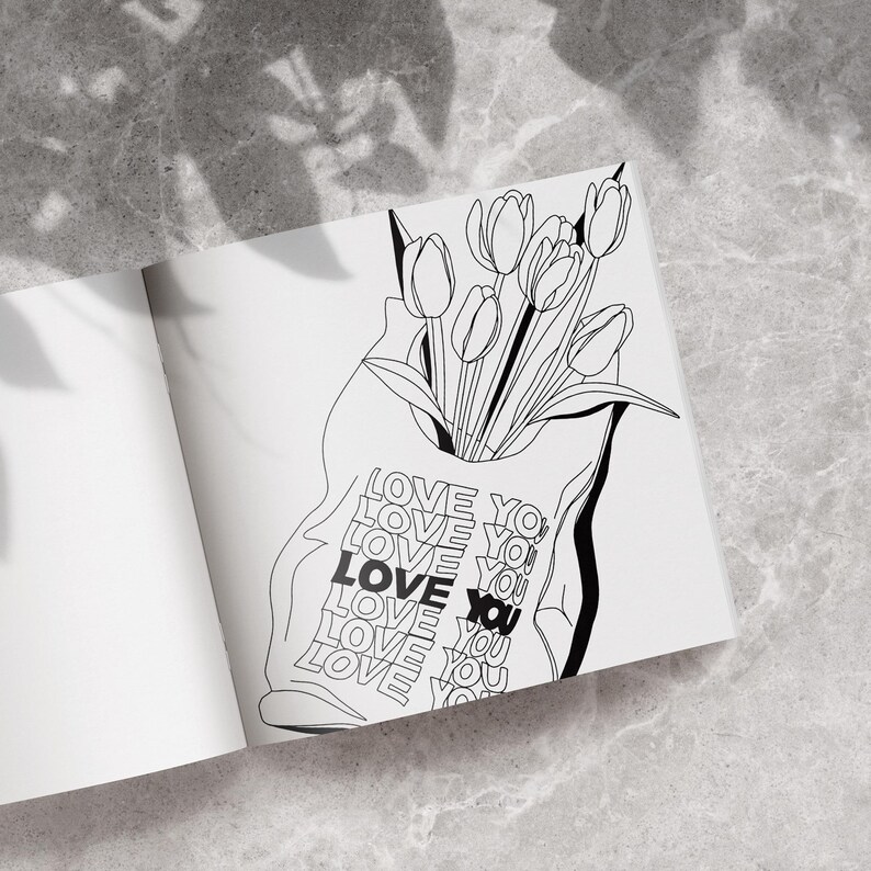 May include: Black and white illustration of a bouquet of tulips in a tote bag. The bag has the words "LOVE YOU" printed on it. The image is on a white page, with a gray background.