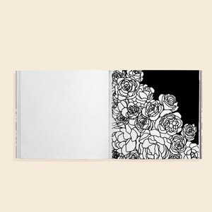 May include: A black and white coloring book page featuring a detailed illustration of a cluster of flowers. The flowers are arranged in a cascading pattern, with the largest blooms at the top and smaller blooms at the bottom. The page is blank on the left side, ready for coloring.