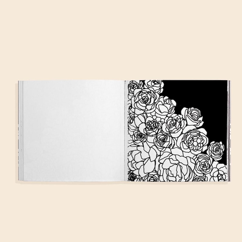 May include: A black and white coloring book page featuring a detailed illustration of a cluster of flowers. The flowers are arranged in a cascading pattern, with the largest blooms at the top and smaller blooms at the bottom. The page is blank on the left side, ready for coloring.