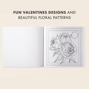 May include: An open book with the text "FUN VALENTINES DESIGNS AND BEAUTIFUL FLORAL PATTERNS" at the top. The right page features a black and white floral design within a postage stamp border, with the words "SENDING MY LOVE" in a circle.
