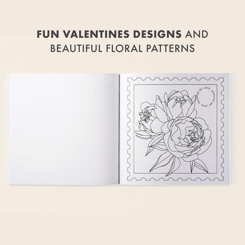 May include: An open book with the text "FUN VALENTINES DESIGNS AND BEAUTIFUL FLORAL PATTERNS" at the top. The right page features a black and white floral design within a postage stamp border, with the words "SENDING MY LOVE" in a circle.